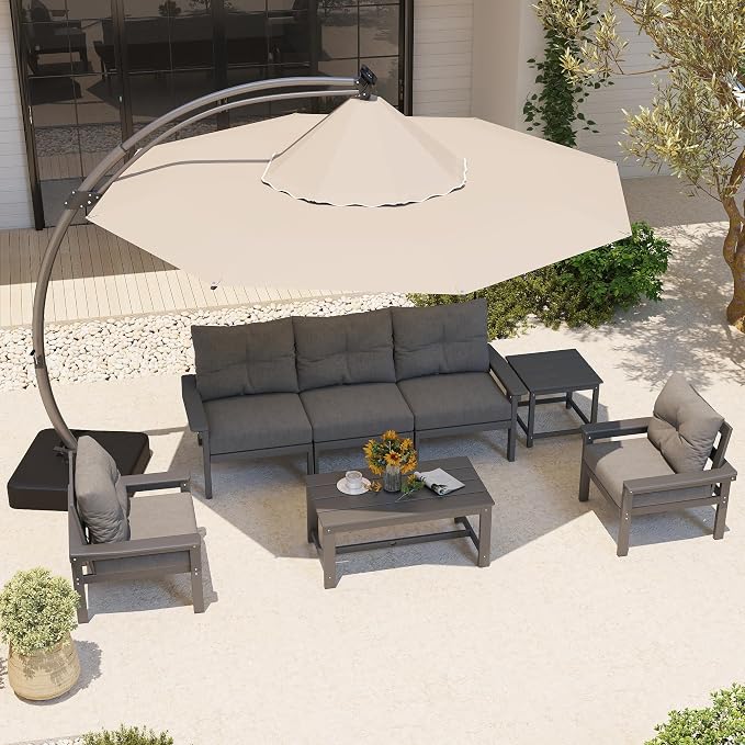 HDPE Outdoor Patio Furniture Set, 10-Piece Patio Conversation Set with 3-Seat Sofa, 4 Armchairs, 2 Side Tables & 1 Coffee Table, All-Weather Outdoor Sofa Set for Deck, Porch, Garden (Grey Frame)