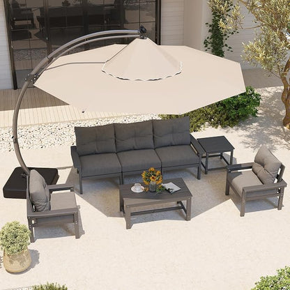 HDPE Outdoor Patio Furniture Set, 10-Piece Patio Conversation Set with 3-Seat Sofa, 4 Armchairs, 2 Side Tables & 1 Coffee Table, All-Weather Outdoor Sofa Set for Deck, Porch, Garden (Grey Frame)