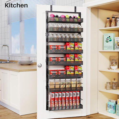 SNTD 8 Tiers Over the Door Organizer - Height Adjustable Pantry Organizers and Storage with Dense Mesh Baskets, Anti-Swing Hanging Door Spice Rack for Kitchen Bathroom (Black, 17" W x 6" D x 69" H)