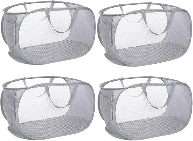 4 Pack Collapsible Laundry Baskets, Foldable Laundry Basket with Pocket, Durable Pop Up Hampers, Reinforced Handles Dirty Clothes Hamper for Laundry, Bedroom, Bathroom, Dorm, Travel or Camping Grey