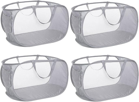 4 Pack Collapsible Laundry Baskets, Foldable Laundry Basket with Pocket, Durable Pop Up Hampers, Reinforced Handles Dirty Clothes Hamper for Laundry, Bedroom, Bathroom, Dorm, Travel or Camping Grey