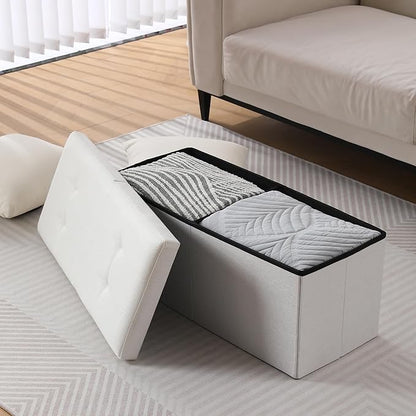 CUYOCA Storage Ottoman Bench Foldable Seat Footrest Shoe Bench End of Bed Storage with Flipping Lid, 75L Storage Space, 30 inches Linen Fabric White, OT026WS