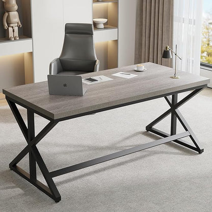 IBF 60” Grey Computer Office Desk, Modern Large Gray Office Desk for Home, Industrial Long Wood Metal Pc Work Writing Desks, Farmhouse Simple Study Executive Computer Table with Storage, Light Grey
