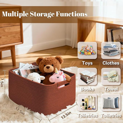 2 Pack Large Storage Basket for Organizing, 17.5"x13.5"x7.5" Woven Basket for Shelves, Closet Cube Storage Bins with Wrapped Handle, Cotton Rope Baskets for Kitchen, Clothes, Toys(Oxide Red)