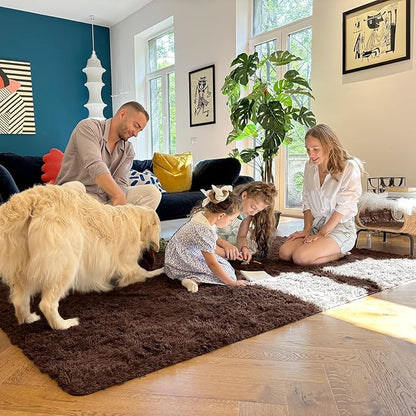 OLANLY 3x3 Machine Washable Small Bedside Rug, Soft Fluffy Shaggy Entryway Throw Rugs for Bedroom, Living Room, Indoor Floor Carpet for Kids Girls and Boys, Nursery Rooms, Home Decor Aesthetic, Coffee