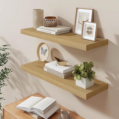 36 Inch Long Floating Shelves for Wall, 9.3 Inch Deep Floating Shelf with Heavy-Duty Bracket, 2 Pack Long Shelves for Bathroom, Living Room, Bedroom, Wall Mounted Storage Shelf for Books Decor, Oak