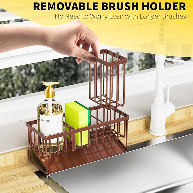 Cisily Kitchen Sink Caddy - Sponge Holder and Organizer with High Brush Holder, Rustproof 304 Stainless Steel Sink Accessories (Brown)
