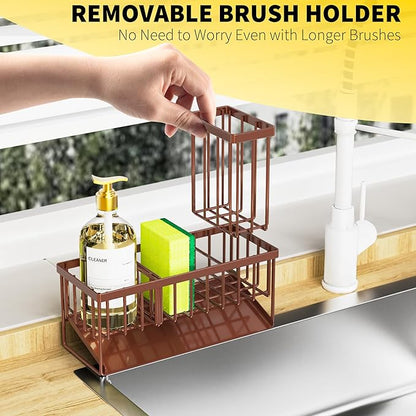 Cisily Kitchen Sink Caddy - Sponge Holder and Organizer with High Brush Holder, Rustproof 304 Stainless Steel Sink Accessories (Brown)