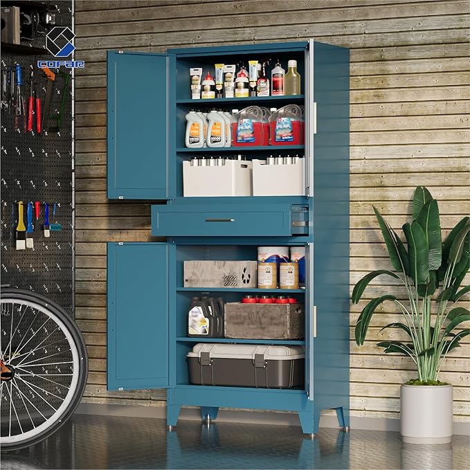 COFaR 71 in Tall Kitchen Pantry Cabinet, Metal Pantry Storage Cabinet with 4 Adjustable Shelves and 4 Barn Doors, Freestanding Farmhouse Food Cupboard for Dining Room, Peacock Blue 6-Tier