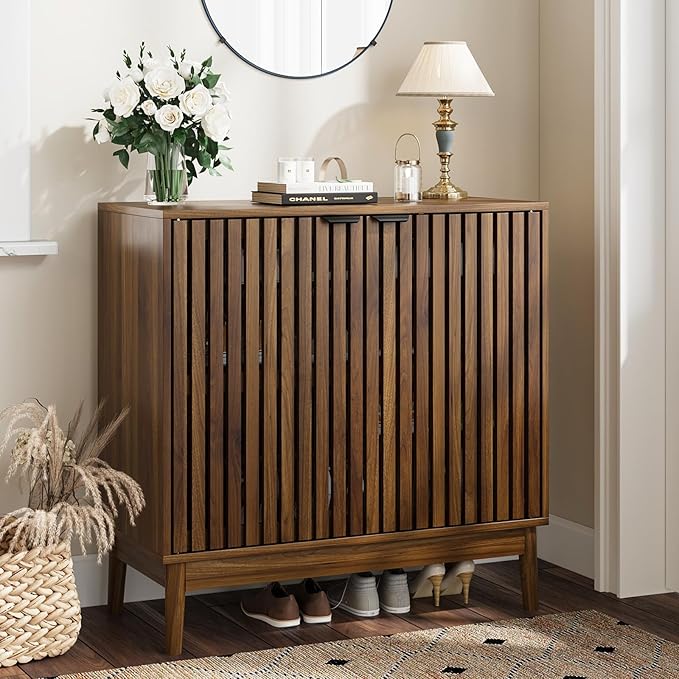 Shoe Storage Cabinet with Ventilated Slatted Doors, Wooden Shoe Organizer, Shoes Rack for Entryway, Hallway, Living Room