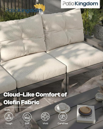 HDPE Outdoor Patio Furniture Set, 10-Piece Patio Conversation Set with 3-Seat Sofa, 4 Armchairs, 2 Side Tables & 1 Coffee Table, All-Weather Outdoor Sofa Set for Deck, Porch(Grey Frame)