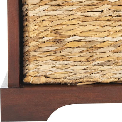 SAFAVIEH Home Collection – Freddy Cherry Storage Bench with Wicker Baskets & Cushion, Entryway Seating Bench, Fully Assembled (AMH5736E)