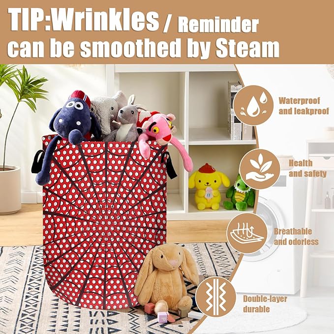 Red Spider Web Laundry Basket, Foldable Waterproof Halloween Laundry Hamper Tote Bag Dirty Clothes Storage Bucket Toy Organizer for Bathroom/Laundry/Bedroom 15.7"x19.6"