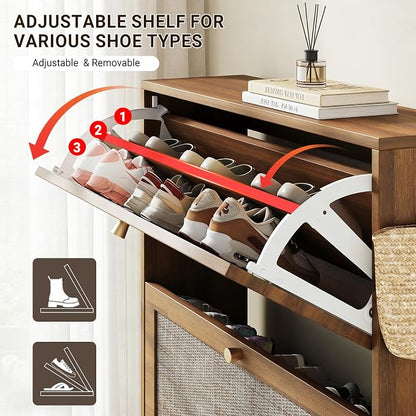 Nicetree Rattan Arched Accent Shoe Storage Cabinet - Freestanding Ultra Slim for Entryway, 3 Flip Drawers & 3-Tier Adjustable Shelves, Farmhouse Modern Rustic Shoe Rack for Hallway, Foyer, Living Room