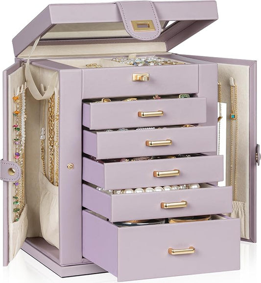 AKOZLIN 6-Tier Jewelry Box Organizer Functional 5 Drawers Leather Jewelry Storage Case for Women Girls Ring Necklace Earring Bracelet Holder Organizer with Mirror Purple 360° Rotating