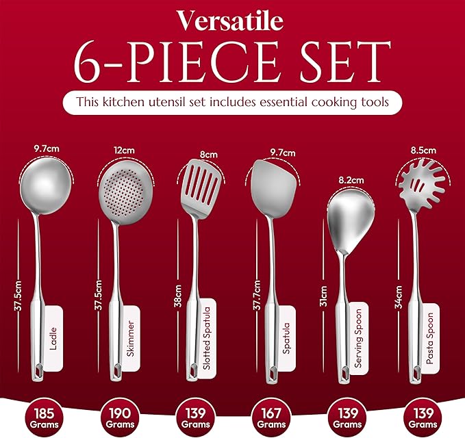 SATTUWARE 6 Pc Stainless Steel Cooking Utensils Set with Ergonomic Handles – Heat Resistant Kitchen Tools Includes Slotted Spatula, Skimmer Ladle, Spatula, Serving Spoon, Pasta Spoon Ideal for Cooking