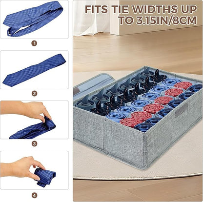 PINGMIC Gray Sock Organizer Divider 4 Pack with Lid - 30 Cell Foldable Closet Storage, Tie Organizer For Men Boxes for Socks, Ties, Belts