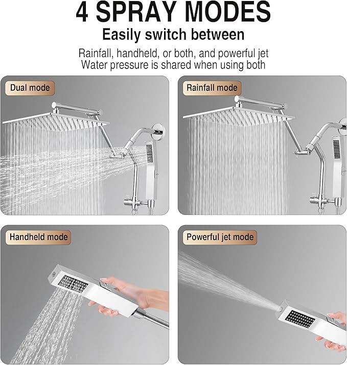 All Metal 10 Inch Rain Shower Head with Handheld Built-in Power Wash Mode, High Pressure Waterfall Rainfall Square Shower Heads with 16" Adjustable Extension Arm, Dual Showerhead(Chrome)