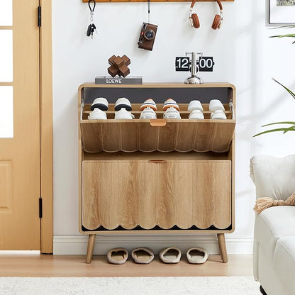 Shoe Storage Cabinet for Entryway with 2 Flip Drawers, Freestanding Narrow Wood Shoe Cabinet with Wave Panel, Hidden Shoe Organizer for Foyer, Hallway (Natural)