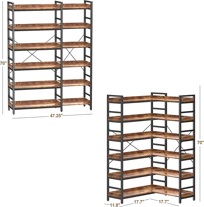 HCHQHS Adjustable Book Shelf with 8 Hooks, Reversible Corner Bookshelf, Industrial Wooden and Metal Bookcase for Living Room, Bedroom, Home Office (Rustic Brown, 6 Tier)