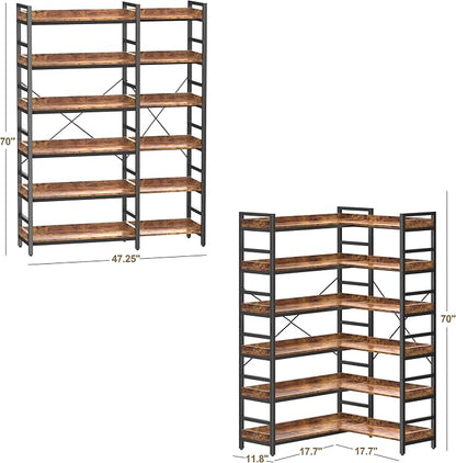 HCHQHS Adjustable Book Shelf with 8 Hooks, Reversible Corner Bookshelf, Industrial Wooden and Metal Bookcase for Living Room, Bedroom, Home Office (Rustic Brown, 6 Tier)