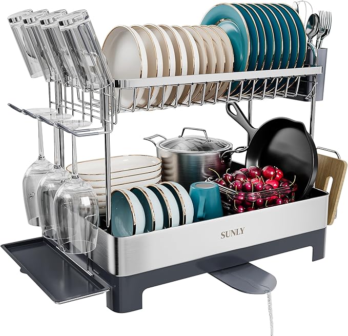 SUNLY Large Dish Drying Rack, Multipurpose 2 Tier Dish Racks for Kitchen Counter, 304 Stainless, Extra Large Drain Board, Gray
