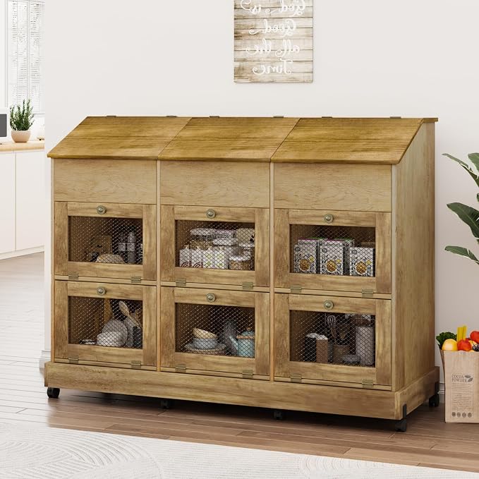 Large Potato Storage Bin, Wooden Bread Bins with Wheel, Onion Storage Bin, Storage Box for Kitchen Pantry, Brown