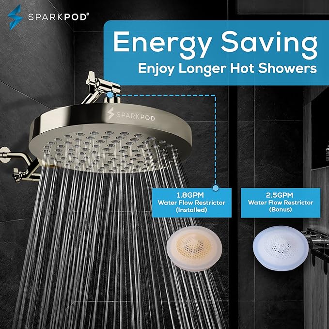 SparkPod Rain Shower Head, 8 Inch Round | High Pressure Shower Heads, 90 Nozzle (Touch-to-Clean), Adjustable Showerhead, No-tool Universal Connection