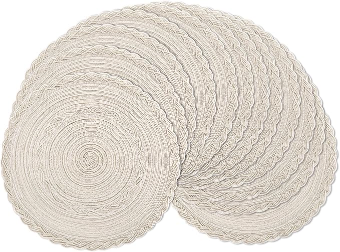 SHACOS 15 inch Round Braided Placemats Set of 12 for Dining Table Woven Boho Place Mats Kitchen Placemat Washable Table Mats, Ivory Bordered