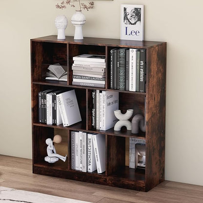 8 Cube Wooden Bookshelf with Base,3-Tier Freestanding Open Storage Organizer,Multi-Functional Bookcase for Living Room,Bedroom,Study and Office