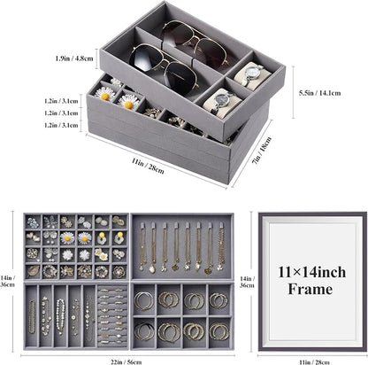 Velvet Jewelry Drawer Organizer Trays – Large Grey Stackable Jewelry Storage Inserts Set, 4-Layer Jewelry Tray Set for Earrings, Rings, Necklaces, Bracelets with Removable Dividers for Dresser, Vanity