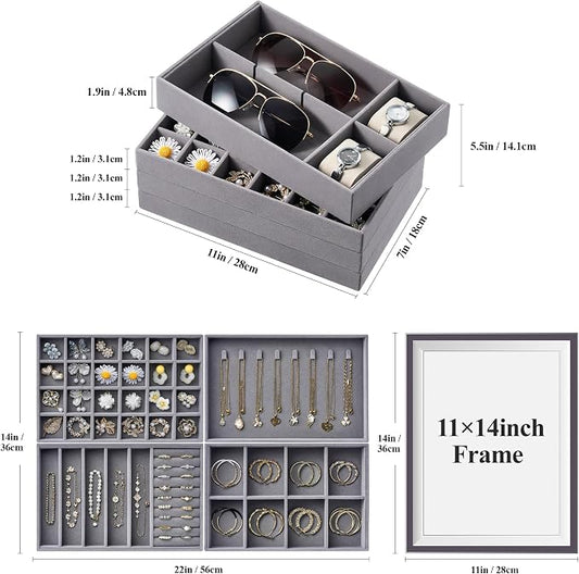 Velvet Jewelry Drawer Organizer Trays – Large Grey Stackable Jewelry Storage Inserts Set, 4-Layer Jewelry Tray Set for Earrings, Rings, Necklaces, Bracelets with Removable Dividers for Dresser, Vanity