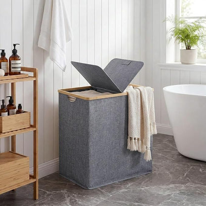 efluky Laundry Hamper with Lid, Double Laundry Basket with 2 Removable Bags, 2 Section Laundry Bin with Bamboo Handles for Bathroom, Bedroom & Laundry Room, 140L (36.9 Gallon) Blue Grey