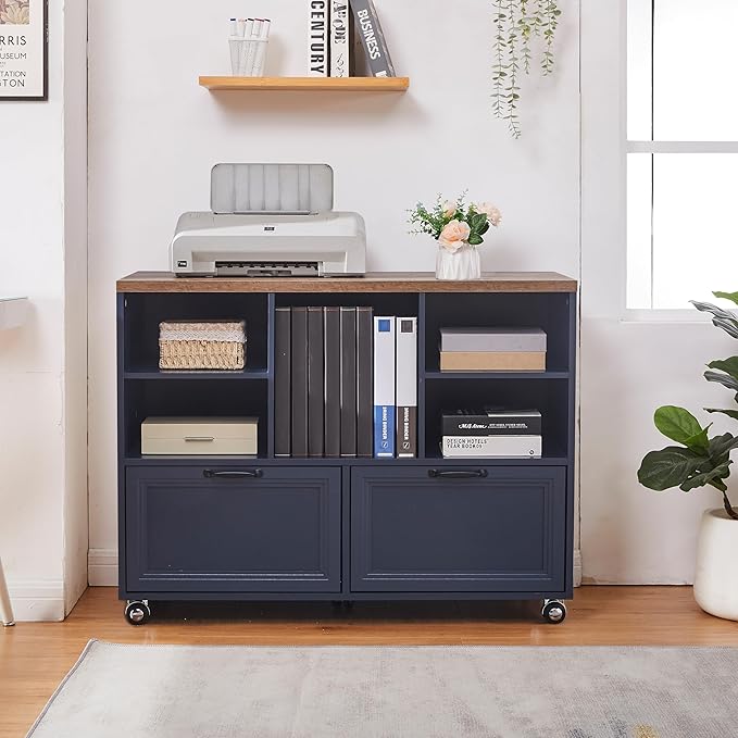 40" Farmhouse File Cabinet,Lateral File Cabinet with Wheels,Wood File Cabinet with shelve,Filing Cabinet with 2 Drawers for Legal/Letter/ A4 Size (Blue)