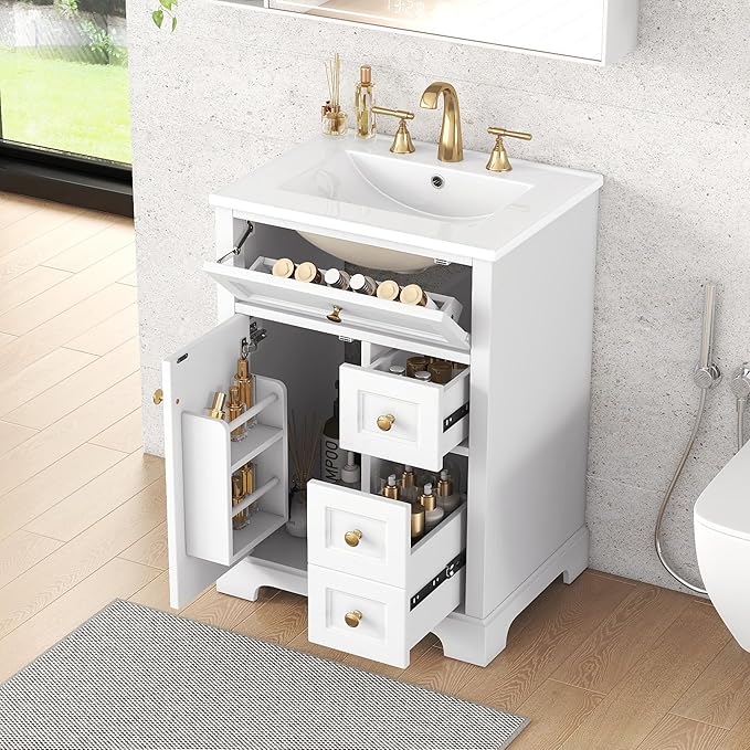 24'' Bathroom Vanity with Sink, MDF & Pinewood Construction, 3 Drawers & Cabinet with 2-Tier Door Storage Rack, Soft-Close Door & Drawers, Modern Design for Small to Medium Bathrooms, White