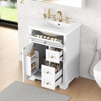 24'' Bathroom Vanity with Sink, MDF & Pinewood Construction, 3 Drawers & Cabinet with 2-Tier Door Storage Rack, Soft-Close Door & Drawers, Modern Design for Small to Medium Bathrooms, White