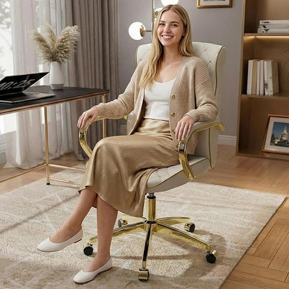 White and Gold Office Chair with Soft Leather Embroidery, Mid Back Vintage Swivel Executive Desk Chair with Wheels and Padded Arms, Adjustable Height