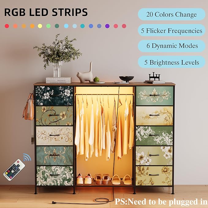 LUMTOK 55" W 2-in-1 Dresser with Hanging Rack, 10 Drawers Dresser for Bedroom,Dressers with Fabric Drawers,LED Lights, Charging Station and Hanging Racks for Bedroom (Retro Pattern)