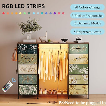 LUMTOK 55" W 2-in-1 Dresser with Hanging Rack, 10 Drawers Dresser for Bedroom,Dressers with Fabric Drawers,LED Lights, Charging Station and Hanging Racks for Bedroom (Retro Pattern)