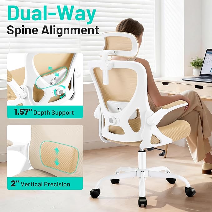 Office Chair - Ergonomic Desk Chair Breathable Mesh Chair with 2D Headrest & Adjustable Lumbar Support - Executive High Back Rolling Swivel Computer Gaming Chair with Wheels Flip-up Armrests