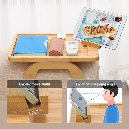 SINWANT Couch Arm Tray Table, Large Space 15.75"x 11.8" Bamboo Couch Armrest Table with 360° Rotating Phone Holder,Foldable Sofa Armrest Tray for Eating Snacks Drinks Remote Books