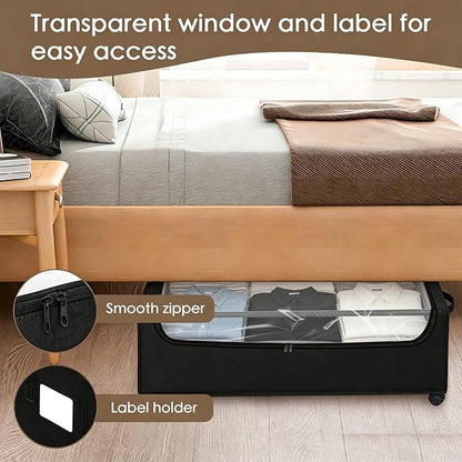 Under Bed Storage with Wheels, 2-Pack Under the Bed Storage Containers with Clear Lids & Label, Underbed Storage Bins, XXXL 85L 11 inches Rolling Metal Drawer for Clothes, Shoes, Toys, Books - Black