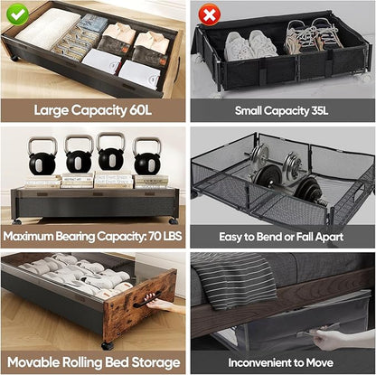 KITHELP Wooden Under Bed Storage with Wheels, Rolling Under the Bed Storage Bins with Removable Lid, Metal Under Bed Drawers for Clothes and Shoes in Bedroom or Living Room(Walnut Brown-2pack)