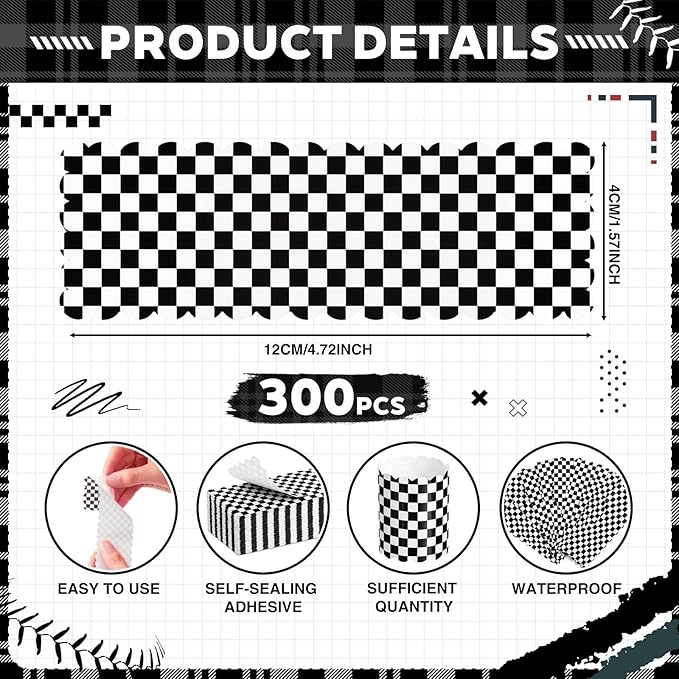300 Pcs Black Checkered Paper Napkin Rings Disposable Napkin Bands Self Adhesive Black White Plaid Silverware Wrap Band for Birthday Holiday Party Dinner Table Setting Decoration