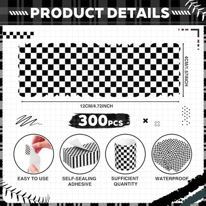 300 Pcs Black Checkered Paper Napkin Rings Disposable Napkin Bands Self Adhesive Black White Plaid Silverware Wrap Band for Birthday Holiday Party Dinner Table Setting Decoration
