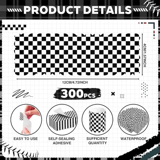 300 Pcs Black Checkered Paper Napkin Rings Disposable Napkin Bands Self Adhesive Black White Plaid Silverware Wrap Band for Birthday Holiday Party Dinner Table Setting Decoration