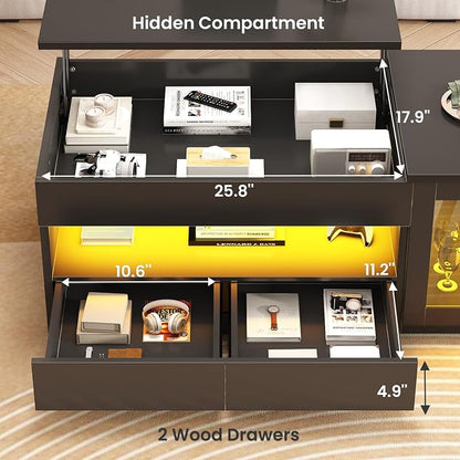 Itaar 39.4" Lift Top Coffee Table with 2 Drawers, Modern LED Coffee Tables for Living Room, Coffee Table with Glass Storage Cabinet, Black