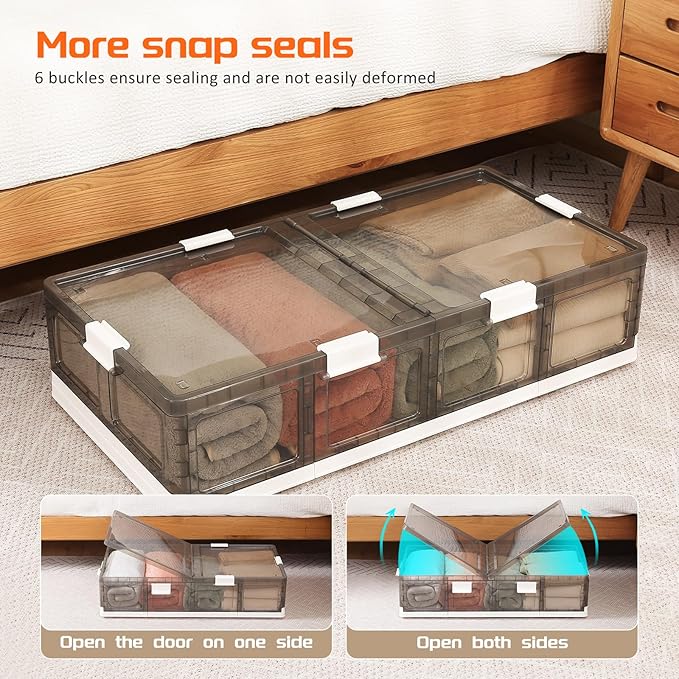 Under Bed Storage Containers with Wheels - Stackable, Foldable Plastic Storage Boxes with Lids for Clothes, Shoes, Blankets - Perfect for Bedroom Organization and Dorms (2 Pack-25.2''x16.5''x7.9'')