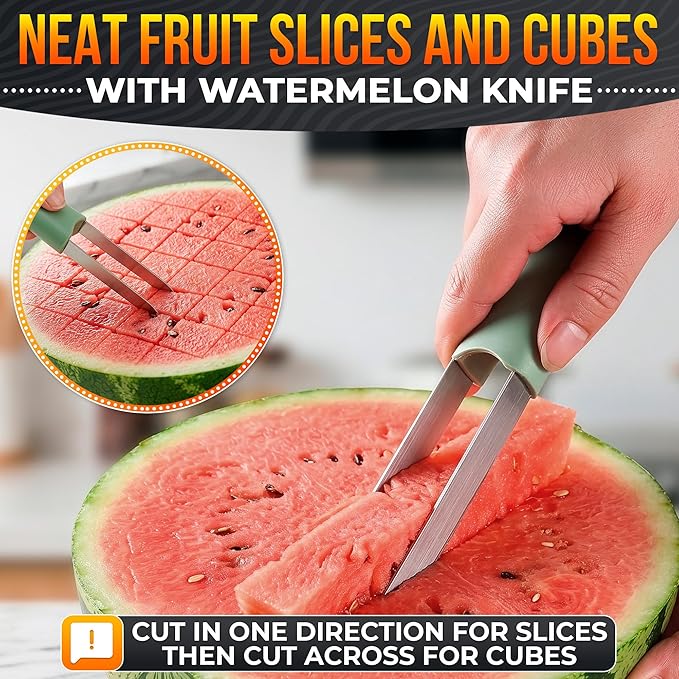 3-in-1 Watermelon Slicer Tool — Stainless Steel Portable, Mess-Free Multi-Use Kitchen Gadget for Summer Picnic, BBQ, Pool Party, Family Hosting, Hostess Gift Idea — Watermelon Cutter Slicer Tool Kit