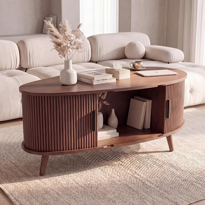 Seang Fluted Coffee Table with Storage,39" Oval Coffee Table with Dual Sliding Doors,Wooden Center Table for Living Room Home Office,Walnut